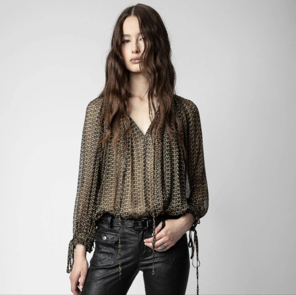 Zadig & Voltaire Sheer Monogram Blouse Sz S | Parisian Rock Boho Chic